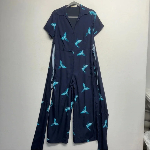 Wayward Fancies EShakti Wide Leg Bird Jumpsuit Navy Blue M Belted Pockets - Picture 6 of 14